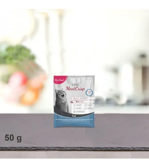 50 g PLATINUM MeatCrisp foderprøve Sterilised Fish kattemad Kattemad fra PLATINUM som din kat vil elske. For første gang har en 50 g PLATINUM MeatCrisp foderprøve Sterilised Fish kattemad Kattemad fra PLATINUM som din kat vil elske. For første gang har en