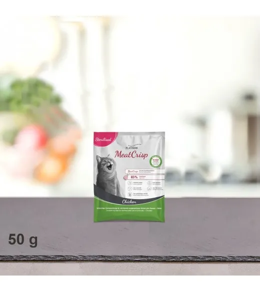 50 g PLATINUM MeatCrisp foderprøve Sterilised Chicken kattemad Kattemad fra PLATINUM som din kat vil elske. For første gang har 50 g PLATINUM MeatCrisp foderprøve Sterilised Chicken kattemad Kattemad fra PLATINUM som din kat vil elske. For første gang har