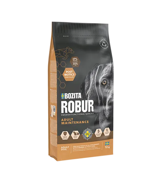 12 kg ROBUR ADULT MAINTENANCE Bozita Robur Adult Maintenance er et fuldfoder til voksne hunde med et normalt aktivitetsniveau.