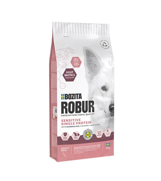 12 kg ROBUR SENSITIVE SINGLE PROTEIN MED LAKS Bozita Robur Sensitive Single Protein med laks er et fuldfoder til følsomme voksne