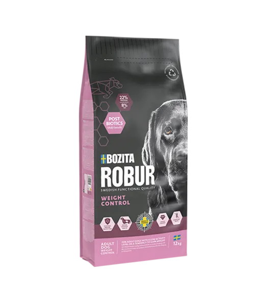 12 KG ROBUR WEIGHT CONTROL Bozita Robur Weight Control er et fuldfoder til voksne hunde med et lavt aktivitetsniveau eller som h