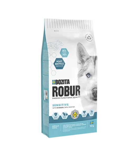 12 KG ROBUR SENSITIVE MED RENSDYR Bozita Robur Sensitive med rensdyr er et fuldfoder til følsomme voksne hunde med normalt til h