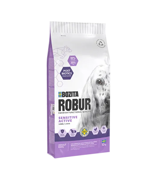 12 kg ROBUR SENSITIVE ACTIVE LAM KORNFRI Bozita Robur Sensitive Active Lam KORNFRI er et fuldfoder til følsomme voksne hunde med