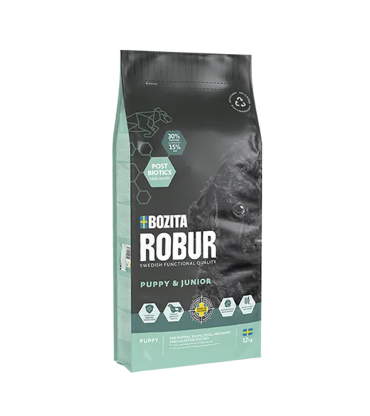 12 kg ROBUR PUPPY & JUNIOR Bozita Robur Puppy &amp; Junior er et fuldfoder til hvalpe, unge hunde, drægtige og diegivende tæver.