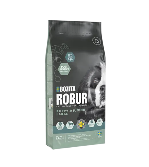 12 kg ROBUR PUPPY & JUNIOR LARGE Bozita Robur Puppy &amp; Junior Large er et fuldfoder til hvalpe, unge hunde, drægtige og diegi