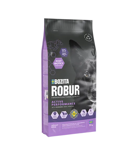 12 kg ROBUR ACTIVE PERFORMANCE MED RENSDYR Bozita Robur Active Performance er et fuldfoder til aktive voksne hunde og undervægti 12 kg ROBUR ACTIVE PERFORMANCE MED RENSDYR Bozita Robur Active Performance er et fuldfoder til aktive voksne hunde og undervægti