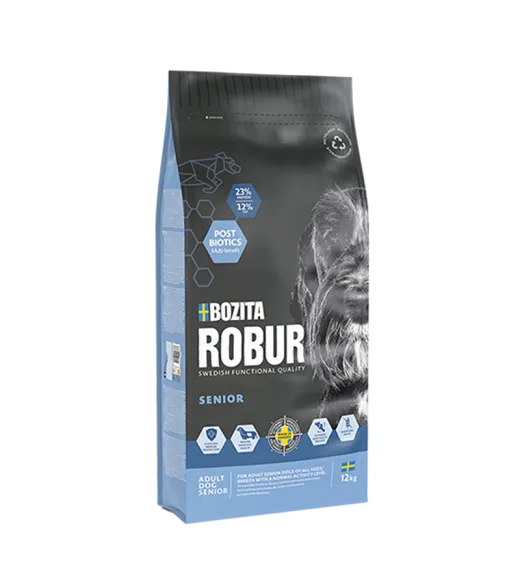 12 kg ROBUR SENIOR Bozita Robur Senior er et fuldfoder til seniorhunde med et normalt aktivitetsniveau. Indeholder postbiotics, 12 kg ROBUR SENIOR Bozita Robur Senior er et fuldfoder til seniorhunde med et normalt aktivitetsniveau. Indeholder postbiotics,