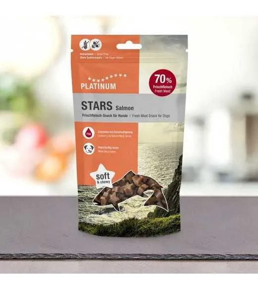 20 x PLATINUM Stars Salmon godbidder 185 gram Vores STARS Salmon er friske kødfulde godbidder til hunde – perfekte til træning 20 x PLATINUM Stars Salmon godbidder 185 gram Vores STARS Salmon er friske kødfulde godbidder til hunde – perfekte til træning
