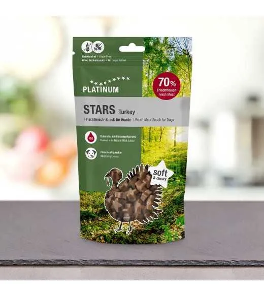 20 x PLATINUM Stars Turkey godbidder 185 gram PLATINUM STARS Kalkun er saftige kødfulde godbidder til hunde – perfekte til træni 20 x PLATINUM Stars Turkey godbidder 185 gram PLATINUM STARS Kalkun er saftige kødfulde godbidder til hunde – perfekte til træni