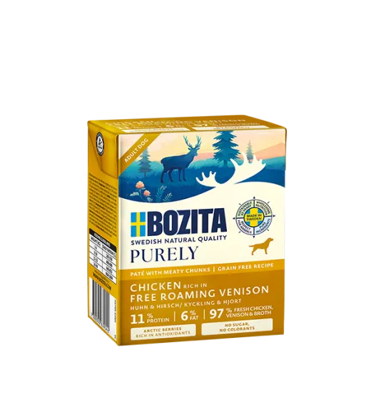 6 x Purely Paté Adult med hjort - 370 gram BOZITA vådfoder Bozita Purely Paté er et fuldfoder, der er egnet til alle hunde, uans 6 x Purely Paté Adult med hjort - 370 gram BOZITA vådfoder Bozita Purely Paté er et fuldfoder, der er egnet til alle hunde, uans