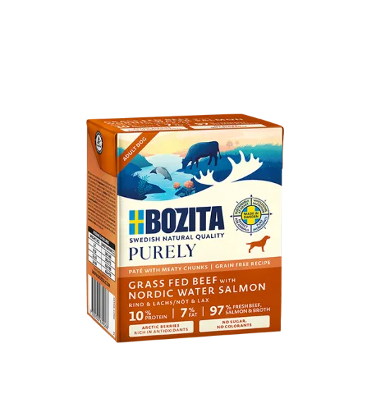 6 x Purely Paté Adult med laks - 370 gram BOZITA vådfoder Bozita Purely Paté er et fuldfoder, der er egnet til alle hunde, uanse 6 x Purely Paté Adult med laks - 370 gram BOZITA vådfoder Bozita Purely Paté er et fuldfoder, der er egnet til alle hunde, uanse