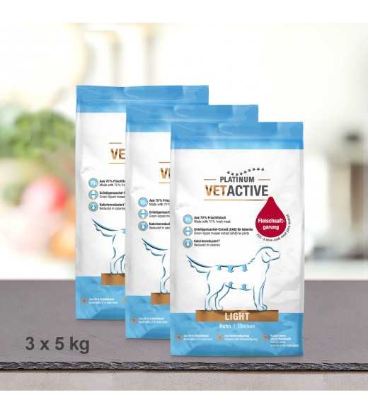 15 kg PLATINUM Vetactive Light Hundefoder Nu om dage er mange hunde overvægtige eller har problemer med bugspytkirtlen. Som følg