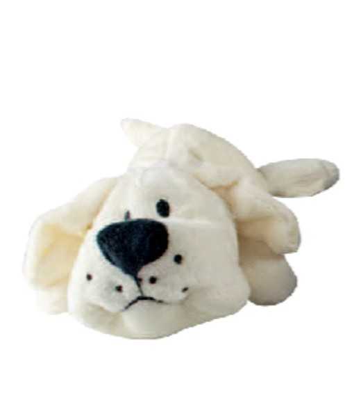 Lille hvid Plys hund 15 cm Lille plys hund med pive lyd, god til hvalpe og mindre racer måler 15 cm 