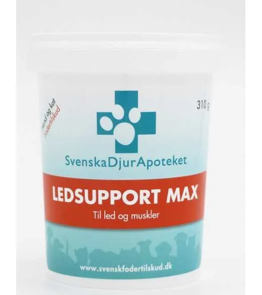 Ledsupport MAX - 310 gram Svensk Dyre Apotek Svenska DjurApotekets Ledsupport MAX indeholder flere aktive ingredienser, som støt Ledsupport MAX - 310 gram Svensk Dyre Apotek Svenska DjurApotekets Ledsupport MAX indeholder flere aktive ingredienser, som støt