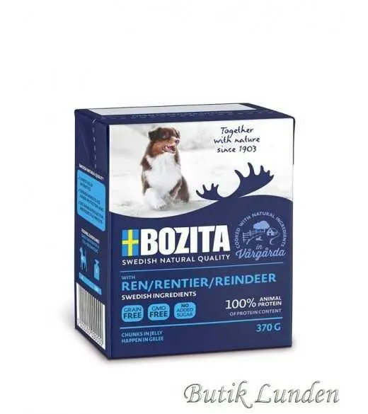 6 x RENSDYR bidder i gele 370 gram - Bozita hundemad Kornfri vådfoder til hunde fremstille af rensdyr kød, som er både mørt og m