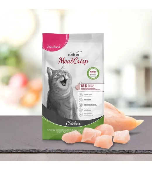 7,5 kg PLATINUM MeatCrisp Sterilised Chicken kattemad Kattemad fra PLATINUM som din kat vil elske. For første gang har en Freshm 7,5 kg PLATINUM MeatCrisp Sterilised Chicken kattemad Kattemad fra PLATINUM som din kat vil elske. For første gang har en Freshm