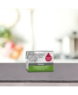 Lille PLATINUM Menu Kylling 90 gram PLATINUM MENU KYLLING er et vådfoder af bedste stykker af frisk kyllingkød (83%) nænsomt kog